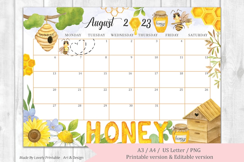 EDITABLE August Calendar Printable Cute Bee and Honey Etsy