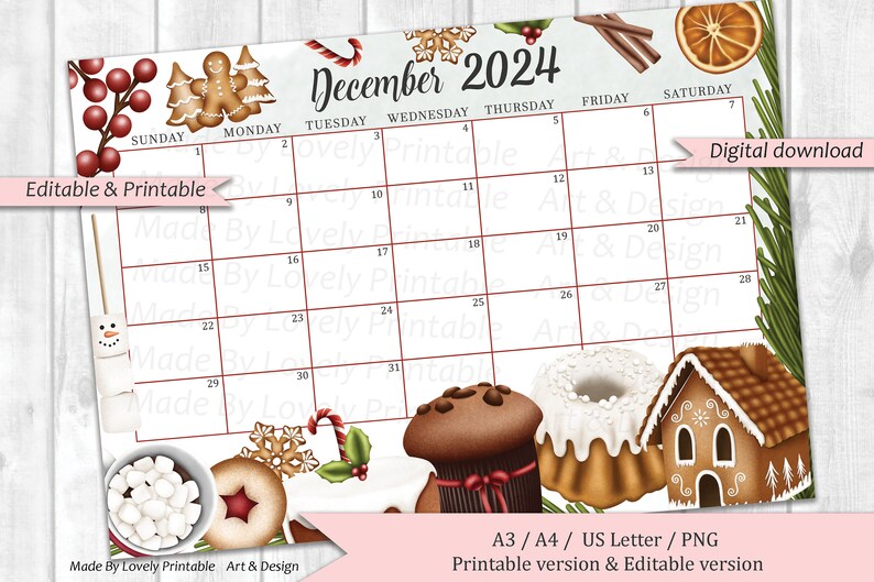 EDITABLE December 2024 Calendar, Christmas Sweets & Drinks, Printable Monthly Calendar Planner 