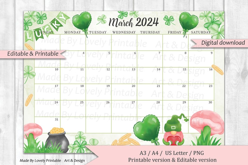 EDITABLE March 2024 Calendar, Happy St. Patrick's Day Planner