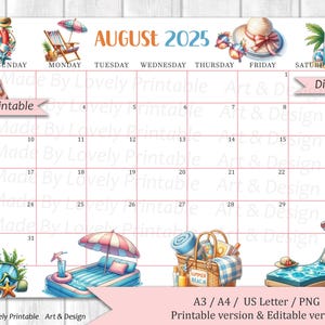 EDITABLE August 2025 Calendar, Cute Summer and Beach, Calendar for Home & Office, Printable Fillable Planner, Kid's School Schedule