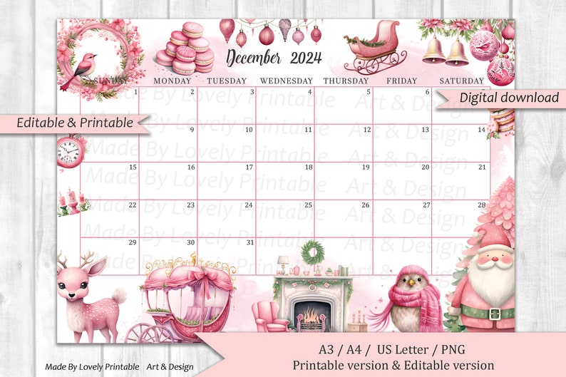 EDITABLE December 2025 Calendar, Joyful Merry Christmas, Printable