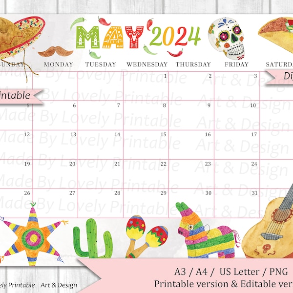 EDITABLE May 2024 Calendar, Cinco De Mayo Planner, Monthly Planner, Editable Printable planner, Kids School Schedule, Instant Download