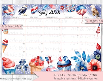 EDITABLE July 2025 Calendar, 4th of July, Independence Day Planner, Printable Fillable Calendar Planner, 4th of July Day Planner, Instan4
