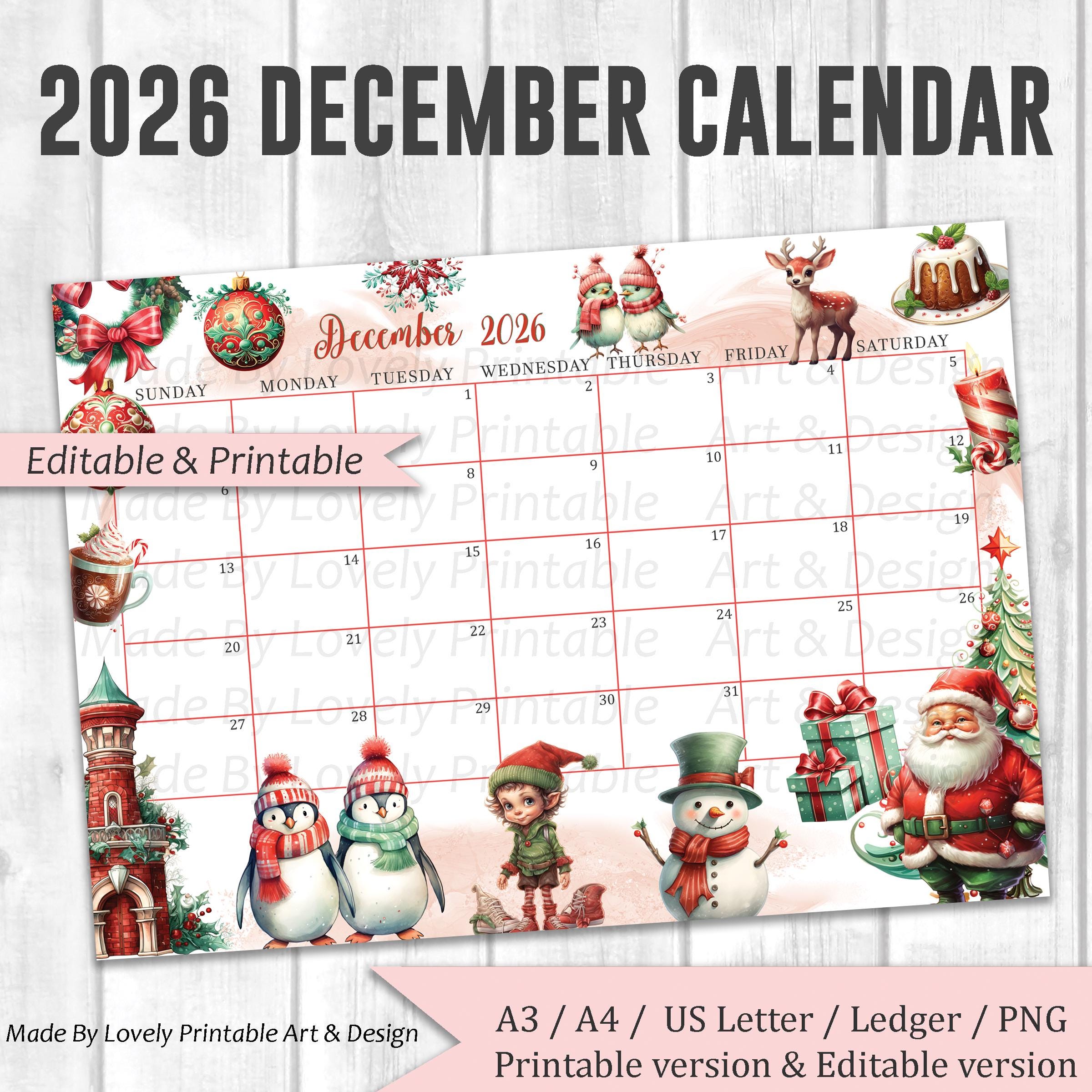 EDITABLE December 2026 Calendar, Joyful Merry Christmas, Printable Monthly Calendar, Christmas Planner, Kids School Schedule Instant Downloa - Etsy