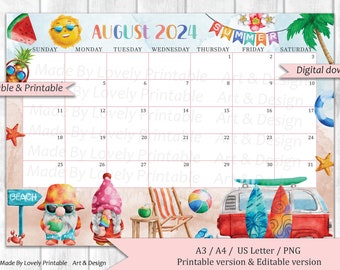 EDITABLE August 2024 Calendar, Watercolor Hello Summer with gnome and beach, Printable Fillable Planner, Kids School Schedule, Instant