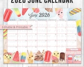 EDITABLE June Calendar, Summer at the Beach with Cute Sun, Beach and Ice Cream, Printable Fillable Planner for Home & Work, Instant Download