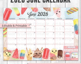 BEWERKBARE junikalender, zomer op het strand met schattige zon, strand en ijs, afdrukbare invulbare planner voor thuis en werk, Instant Download