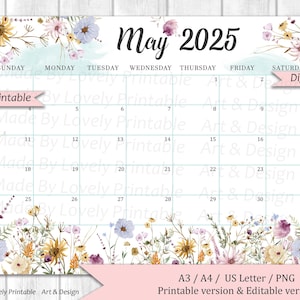 EDITABLE May 2025 Calendar, Wildflowers & Bees, Spring vibe, Monthly Planner, Editable Printable planner, Kids School Schedule