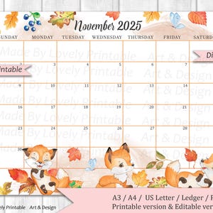 EDITABLE November 2025 Calendar, Watercolor Thanksgiving Day, Autumn calendar, Printable Fillable Planner, Kids School Schedule