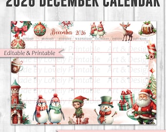 EDITABLE December 2026 Calendar, Joyful Merry Christmas, Printable Monthly Calendar, Christmas Planner, Kids School Schedule Instant Downloa