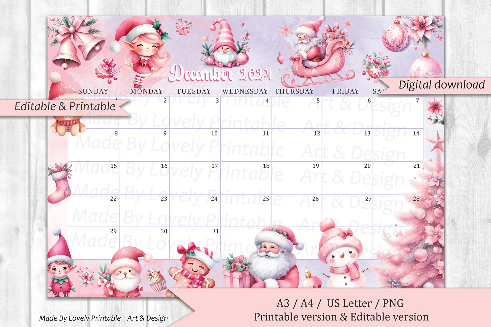 EDITABLE December 2024 Calendar, Pastel Pink Christmas, Printable ...