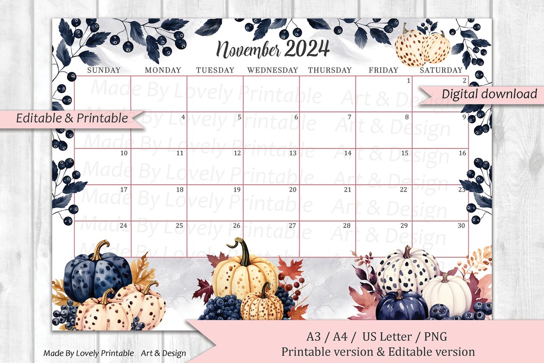 EDITABLE November 2024 Calendar, Watercolor Thanksgiving Day, Pumpkins