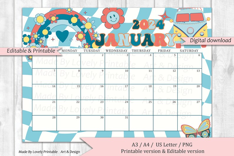 Editable January 2024 Calendar, Retro Aesthetic 70s Daisy,, Happy New