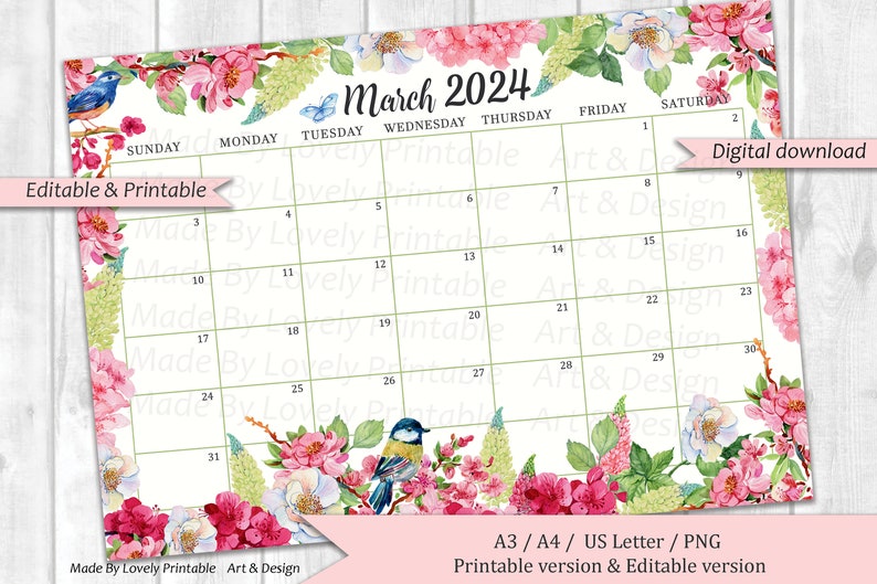 EDITABLE March 2024 Calendar, Watercolor Spring Flowers, Garden Scenery