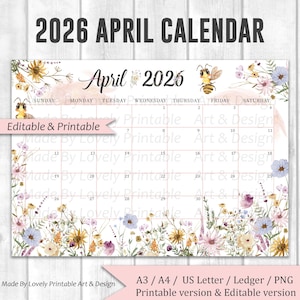 EDITABLE April 2026 Calendar, Printable wildflowers and cute bee Planner, Printable Fillable Planner, Kids School Schedule, Instant Download