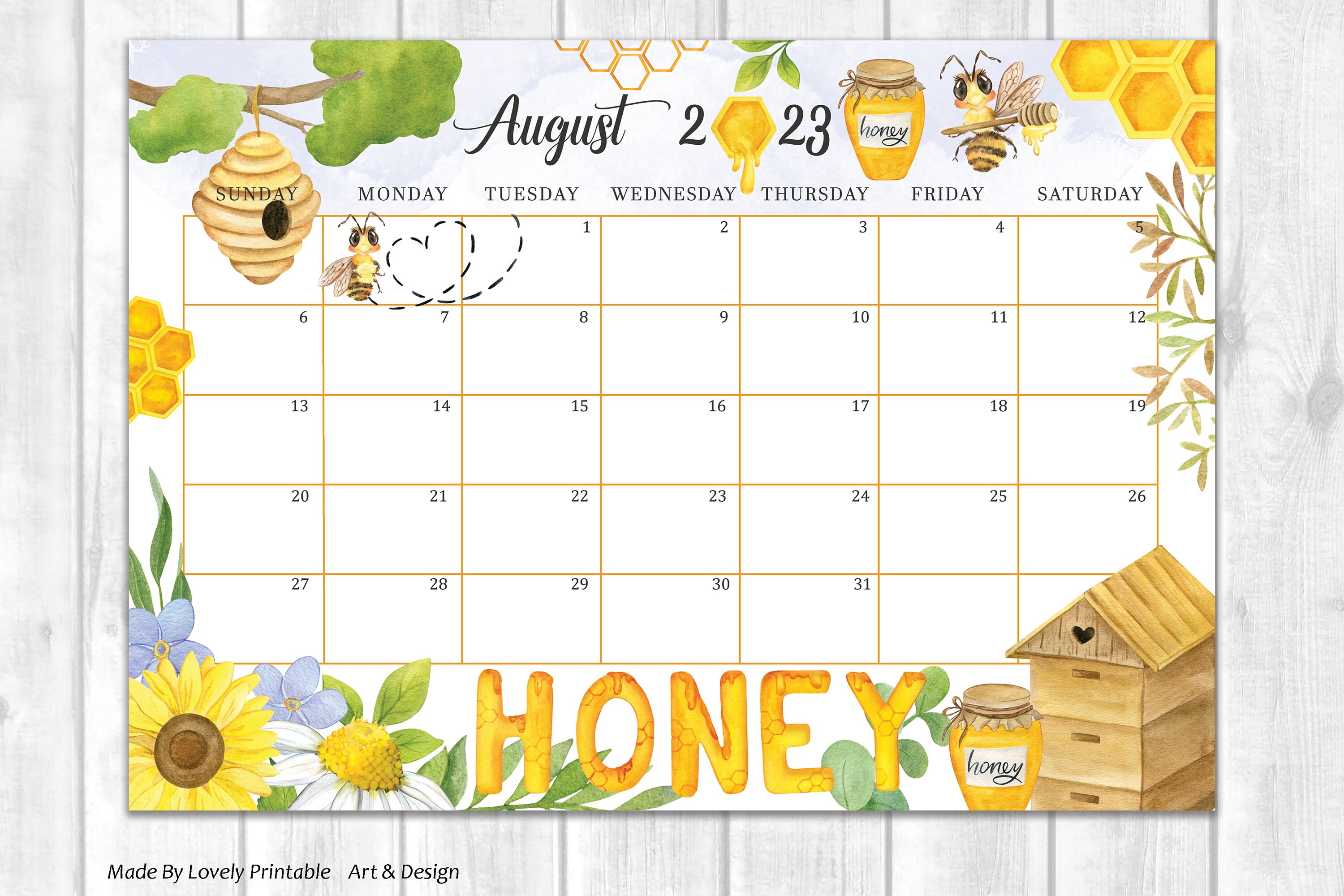 EDITABLE August Calendar Printable Cute Bee and Honey Etsy