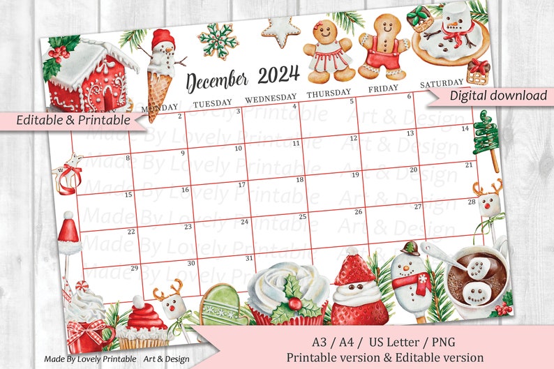 EDITABLE December 2024 Calendar, Christmas Sweets & Drinks, Printable