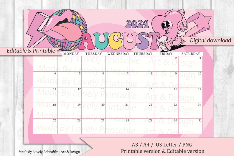 EDITABLE August 2024 Calendar, Retro Aesthetic 70s Daisy, Retro Styled
