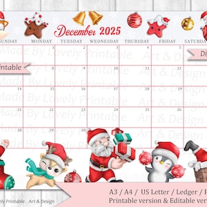 EDITABLE December Calendar, Funny Christmas, Santa & Deer and Pinguin, Printable monthly Calendar, Christmas Planner, Kids School Schedule