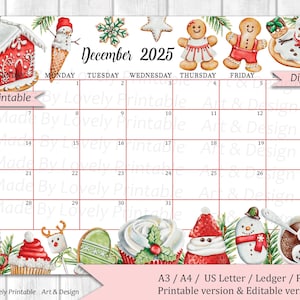 EDITABLE December 2025 Calendar, Christmas Sweets & drinks, Printable Monthly Calendar Planner, Kids School Schedule, Instant Download