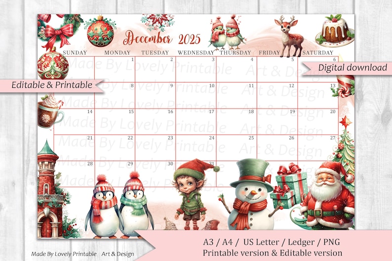 EDITABLE December 2025 Calendar, Joyful Merry Christmas, Printable