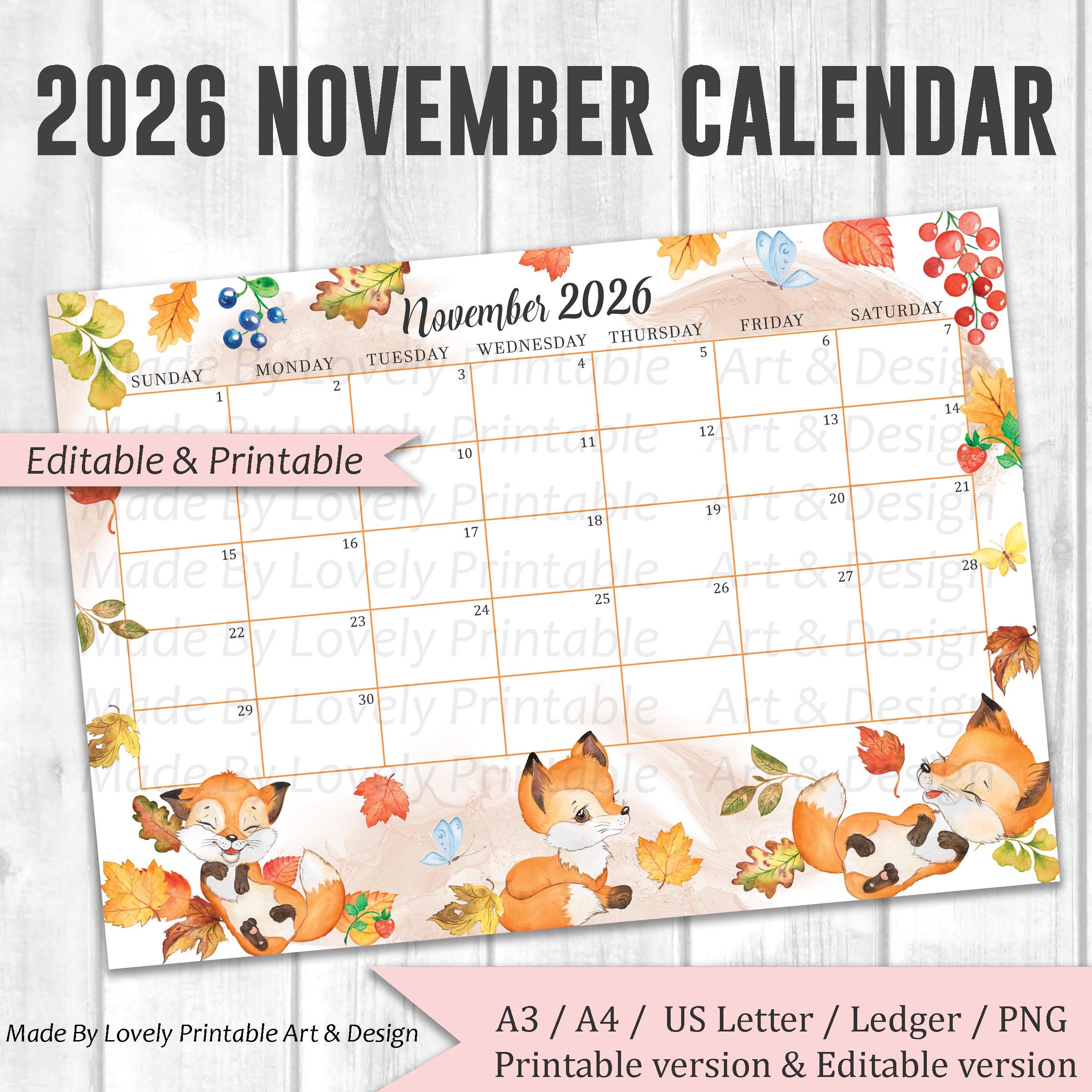 EDITABLE November 2026 Calendar, Watercolor Thanksgiving Day ...