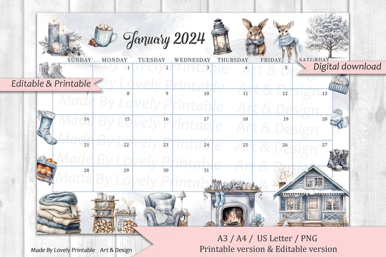 Editable January 2024 Calendar, Cozy Snowy Winter, Happy New Year 2024