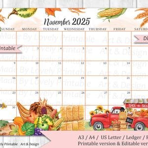 EDITABLE November 2025 Calendar, Watercolor Thanksgiving Day, Autumn calendar, Printable Fillable Planner, Kids School Schedule