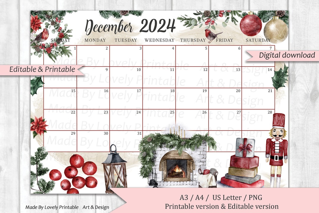 EDITABLE December Calendar, Beautiful Christmas Farmhouse Decorations