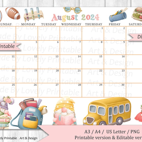 EDITABLE August 2024 Calendar, Gnomes Cute back to school, Calendar for Home & Office, Printable Fillable Planner, Kid's School Schedule