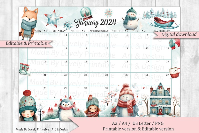 Editable January 2024 Calendar, Cute Bear & Beautiful Winter, Happy New