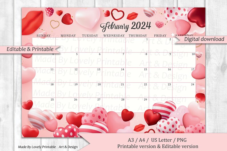 EDITABLE February 2025 Calendar, Sweet Valentine With Lovely Heart