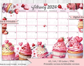 EDITIERBARER Kalender für Februar 2024, Happy Valentine mit süßen Leckereien, Klassenzimmerkalender, druckbarer Kinderschulplan, Sofort-Download