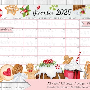 EDITABLE December 2025 Calendar, Christmas Sweets & drinks, Printable Monthly Calendar, Christmas Planner, Kids School Schedule, Instant Dow