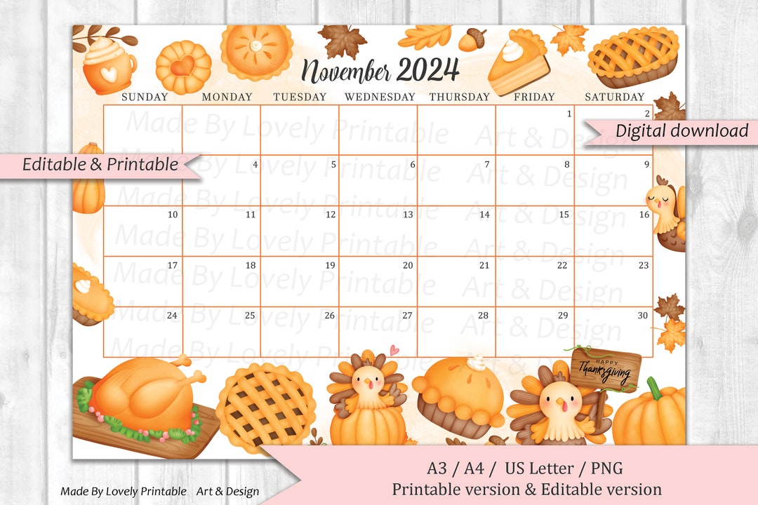 EDITABLE November 2024 Calendar, Watercolor Thanksgiving Day, Cute