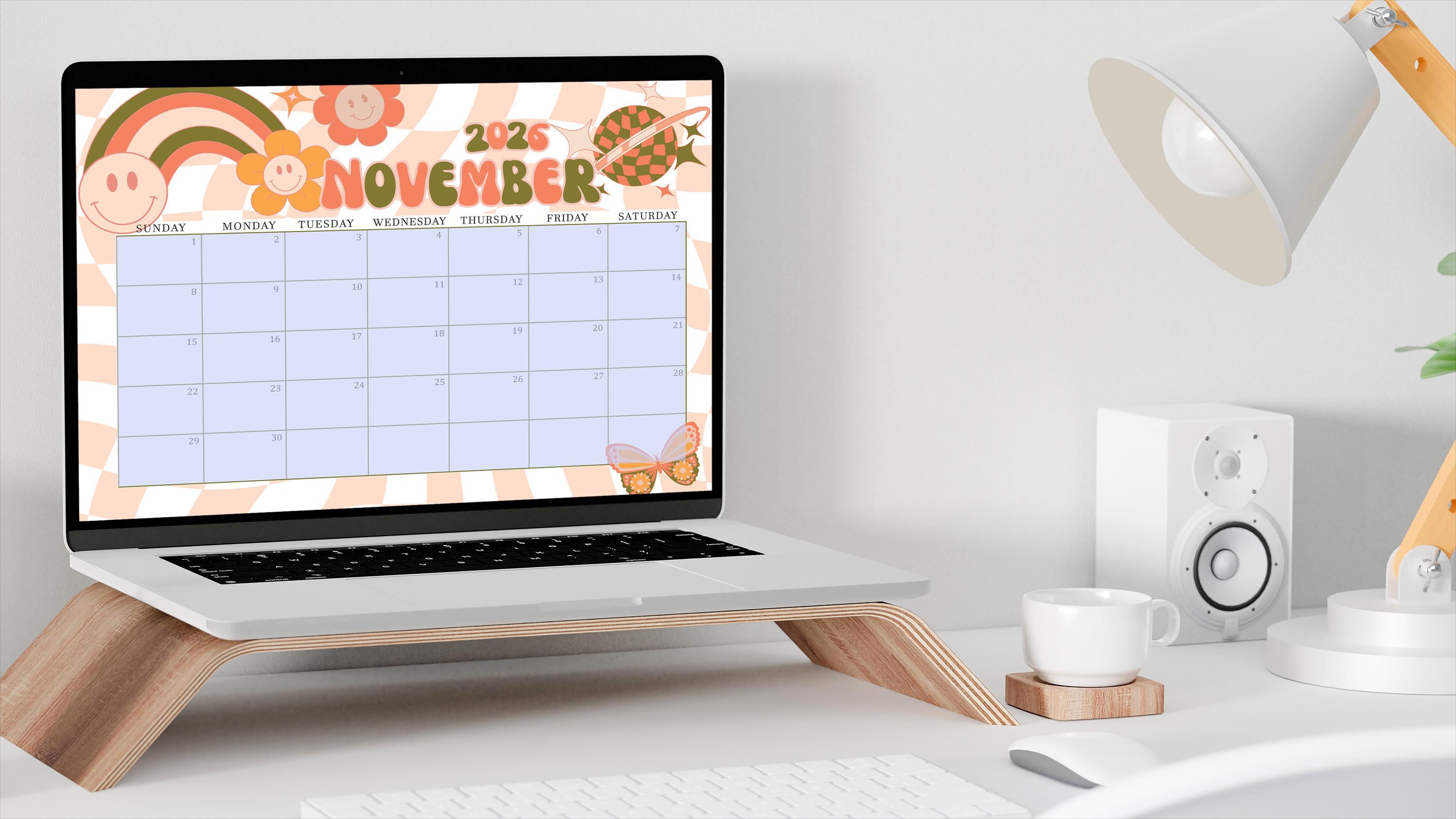 EDITABLE November 2026 Calendar, Retro Aesthetic 70s Daisy, Retro ...