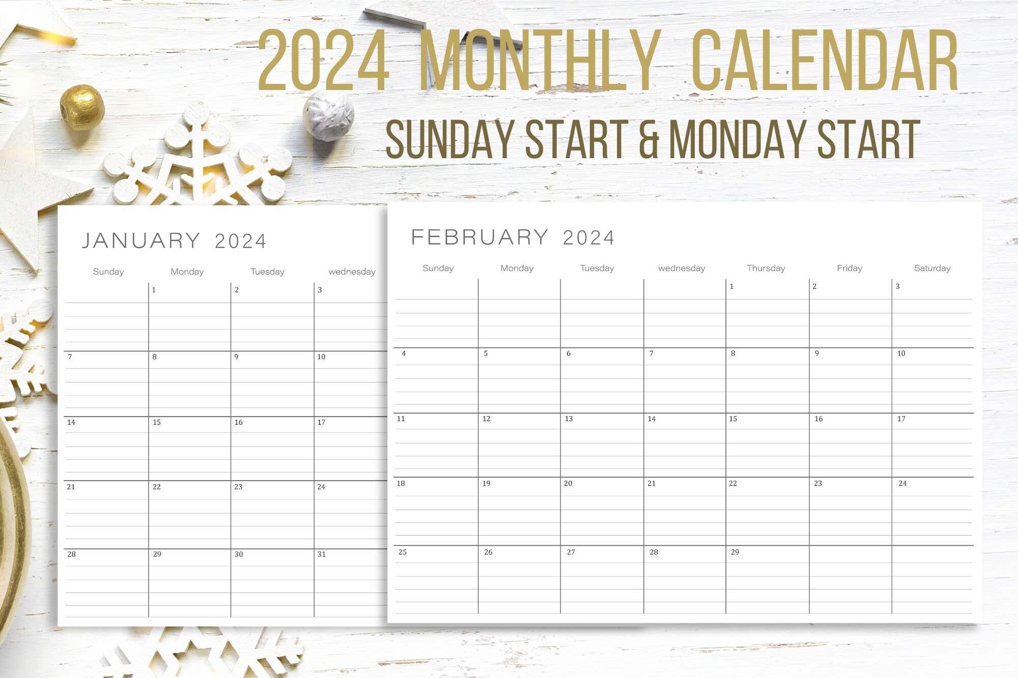 Printable Calendar 2024, Monthly Planner 2024, Minimalist Calendar, A4 ...