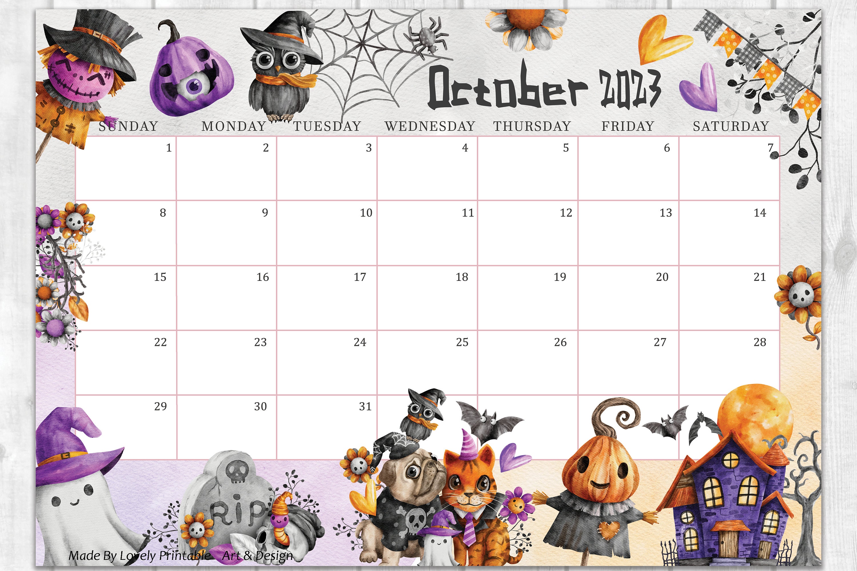 EDITABLE October 2023 Calendar Happy Spooky Halloween Etsy