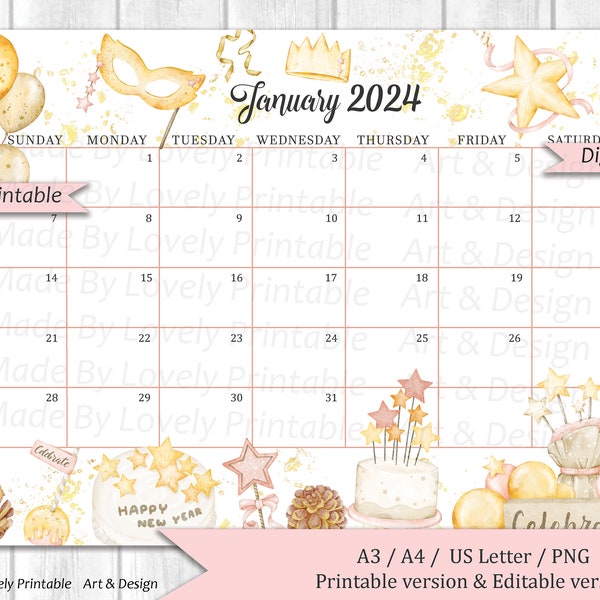 EDITABLE January 2024 Calendar, New Year Celebration, Kids School Schedule, Printable Fillable Classroom Calendar, Kids School Schedule