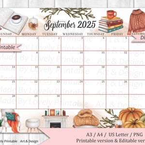 Calendario settembre 2025 MODIFICABILE, accogliente atmosfera autunnale, splendido autunno autunnale, calendario autunnale, pianificatore compilabile stampabile, programma scolastico per bambini