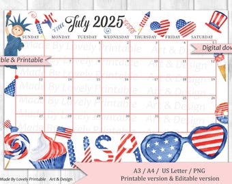 EDITABLE July 2025 Calendar, 4th of July, Independence Day Planner, Printable Fillable Calendar Planner, 4th of July Day Planner, Instant