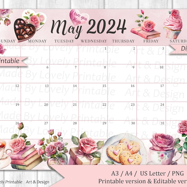 EDITABLE May 2024 Calendar, Mother's Day, Printable Fillable Planner, Kids School Schedule, Mother's Gift, Instant Download