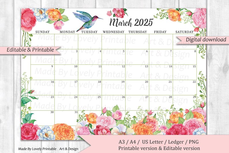 March Spring Calendar EDITABLE March 2025 Calendar, Watercolor Spring Flowers, Garden Scenery ...