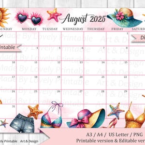 EDITABLE August Calendar, Summer at the Beach, Cute Sun and fresh fruit, Printable Fillable Planner for Home & Work, Instant Download