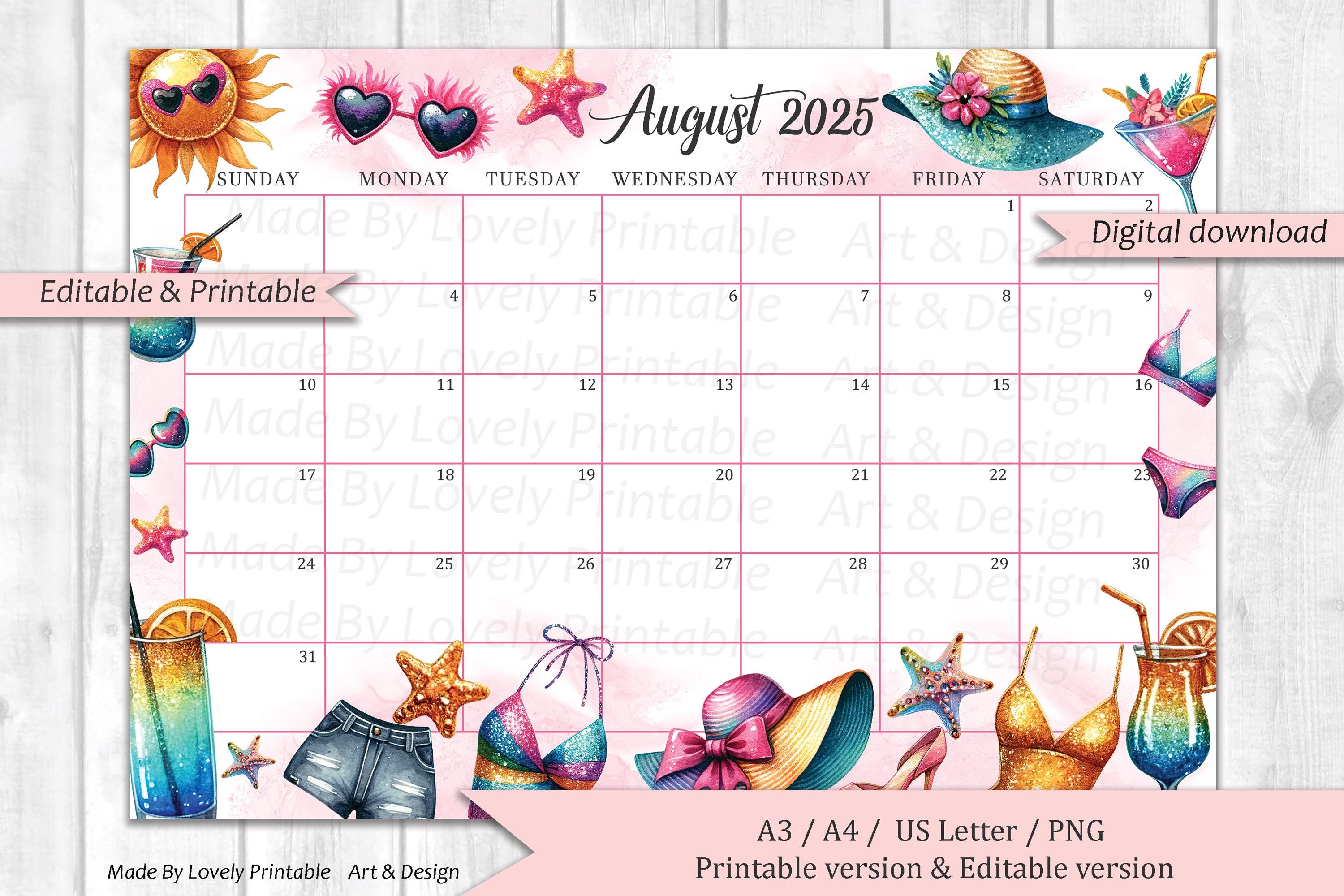 Calendario di agosto MODIFICABILE, estate in spiaggia, sole carino e frutta fresca, pianificatore compilabile stampabile per casa e lavoro, download immediato