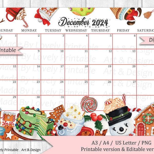 EDITABLE December 2024 Calendar, Christmas Sweets & drinks, Printable Monthly Calendar, Christmas Planner, Kids School Schedule, Instant Dow
