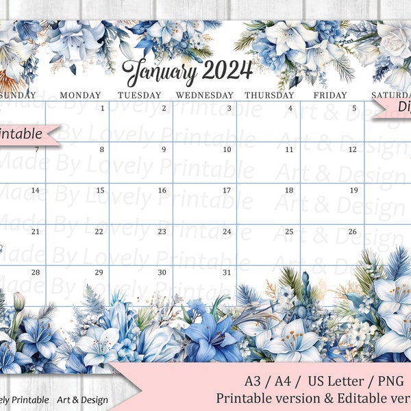 Editable January 2024 Calendar, Beautiful Winter flowers, New Year 2024, Printable Monthly Calendar Planner, Kids School Schedule, Instant