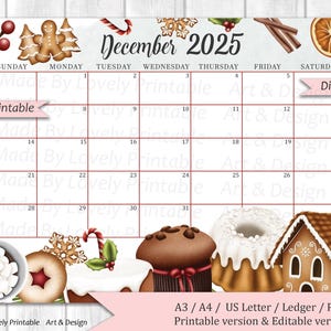 EDITABLE December 2025 Calendar, Christmas Sweets & drinks, Printable Monthly Calendar Planner, Kids School Schedule, Instant Download