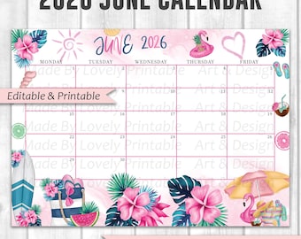 EDITABLE June Calendar, Summer at the Beach, Sun and Beach, Calendar for Home & Office, Printable Fillable Planner, Kid's School Schedule