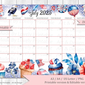 EDITABLE July 2025 Calendar, 4th of July, Independence Day Planner, Printable Fillable Calendar Planner, 4th of July Day Planner, Instan4